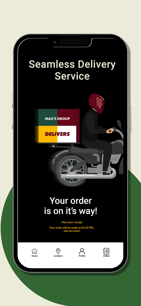 Max’s Group Delivers - Maxs Group Deliversアプリの画面には、配達ライダーのイラストとともに注文追跡が表示されています。