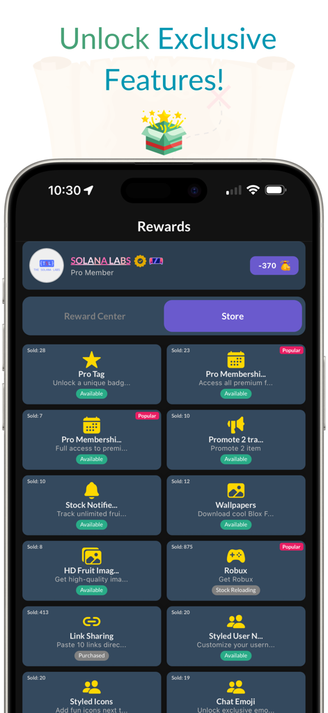 Screen of the rewards store in the Blox Fruits Values Calculator app displaying unlockable features like Pro Membership and Robux
