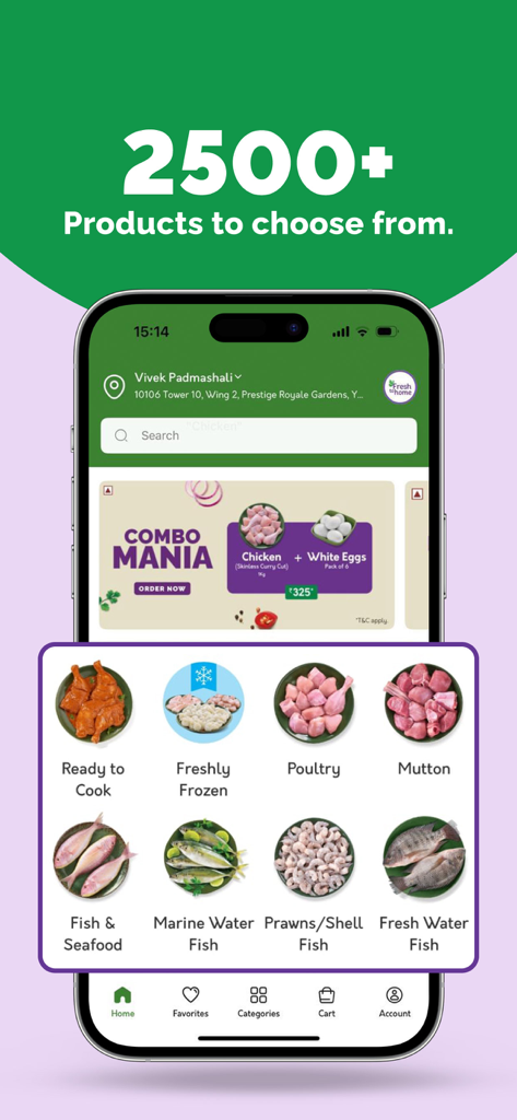 FreshToHome mobile app interface displaying a variety of fresh meat and seafood categories.
