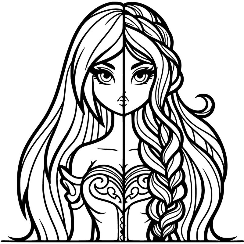 fantasy girl with long hair split into quarters