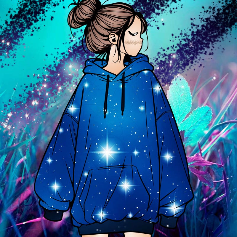 realistic girl with a oversized sweatshirt on and a bun