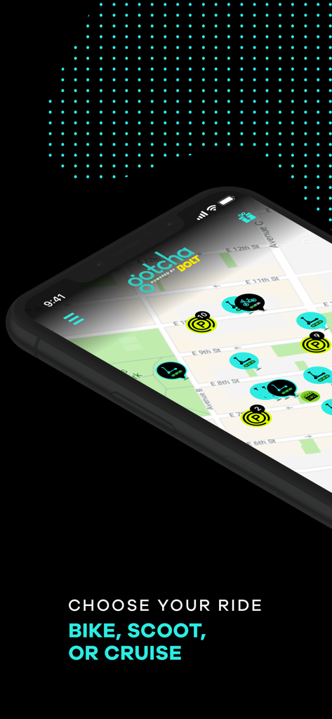 Gotcha Technologies mobile app interface showing a city map with available bikes and scooters for rent.