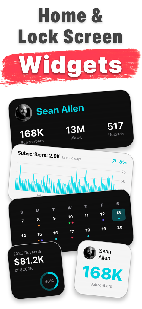 Creator View for YouTube - Eine Sammlung von YouTube-Kanal-Tracking-Widgets für den Home- und Sperrbildschirm, die Abonnenten, Aufrufe, Einnahmen, Ziele und einen Content-Kalender anzeigen