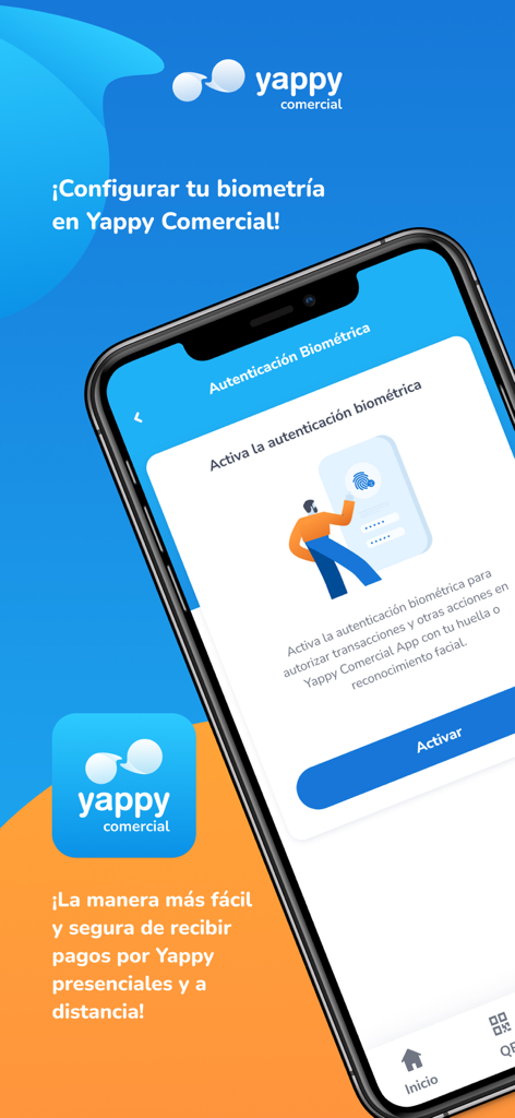 Yappy Comercial - Smartphone displaying the biometric authentication activation screen in the Yappy Comercial app