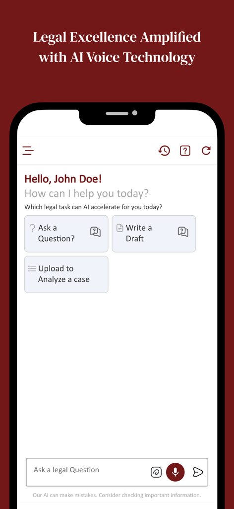Supreme Today AI - Mobile app interface of Supreme Today AI showing legal assistant features and voice technology.