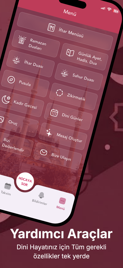 이슬람 달력 2026 앱의 메인 메뉴 화면, 다양한 이슬람 유틸리티 도구 표시