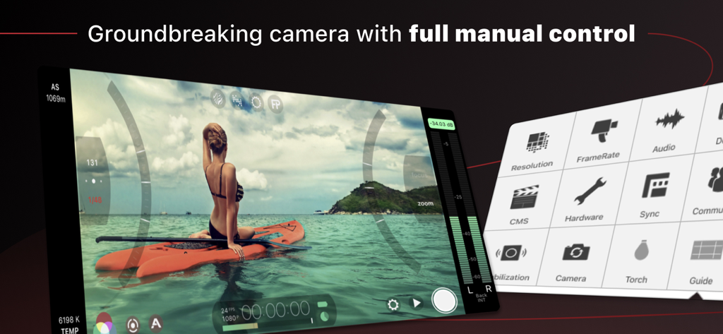 Filmic Legacy video camera interface with manual arc sliders and settings menu