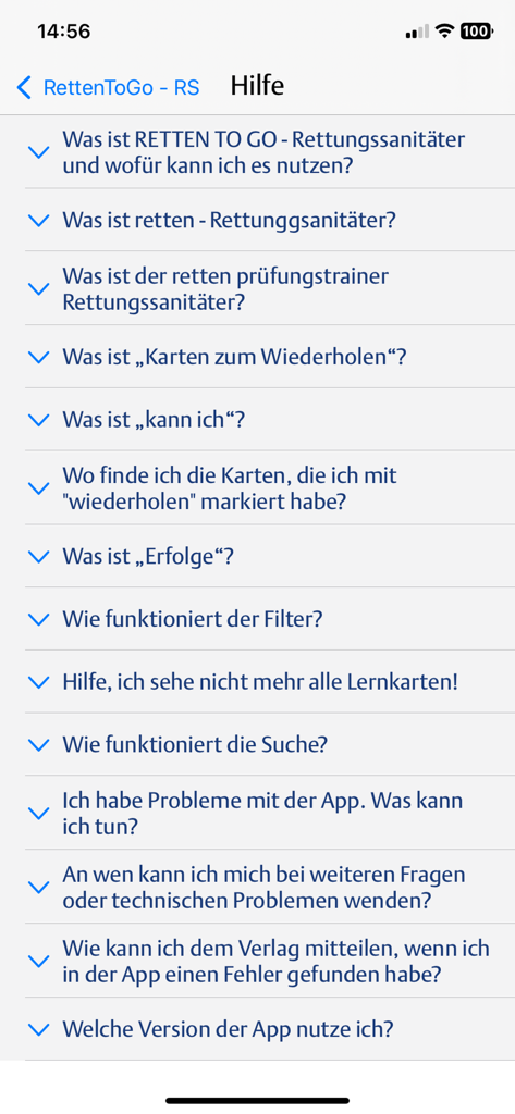 Help section and FAQ menu of the RETTEN TO GO RS medical study app.