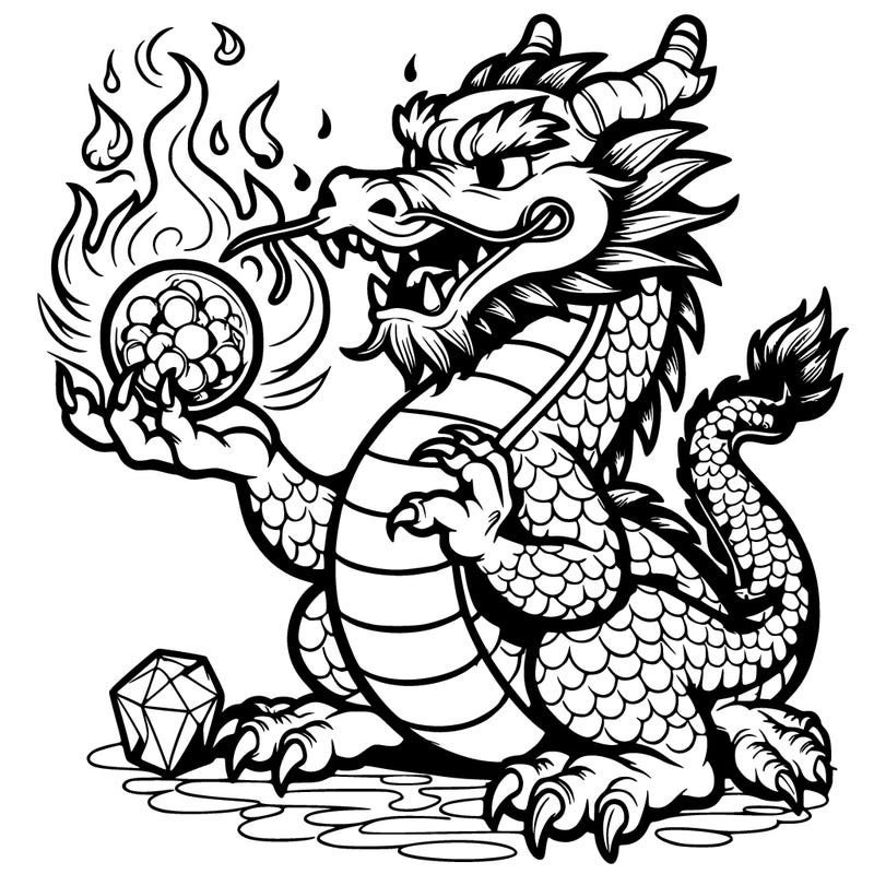 greedy chinese dragon, holding a crystal ball with flames in the air realstic