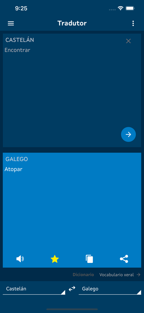 Interfaz de la app Tradutor Gaio mostrando una traducción de español a gallego