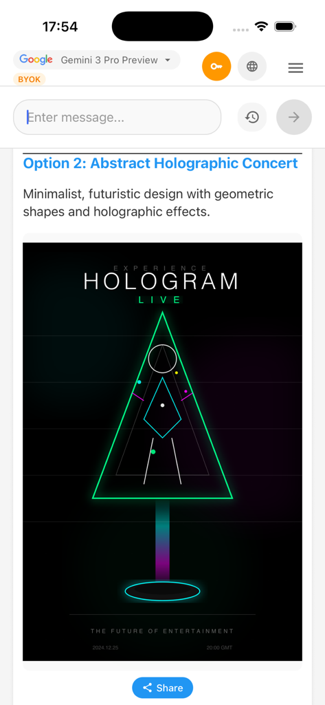 GG AI Chat - A futuristic holographic concert poster generated by the GG AI Chat app featuring neon green geometric shapes on a black background