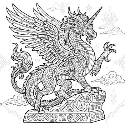 Embark on an epic coloring journey with this magnificent mythical creature sculpture, a stunning fusion of legendary beasts. Its intricate details promise hours of creative engagement, inviting you to bring its ancient magic to life with your palette.