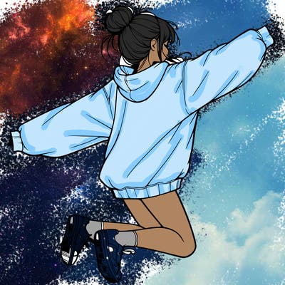 realistic girl jumping with a bun and oversized sweatshirt