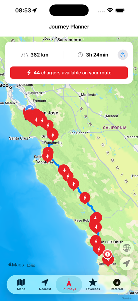 Supercharger for Tesla Station - Tesla supercharger journey planner showing a route on a map from San Jose to San Luis Obispo with 44 chargers available.