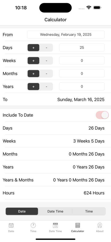 Tela mostrando um cálculo de dias e semanas entre duas datas específicas