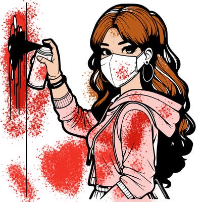 realistic girl with mask spray painting a wall