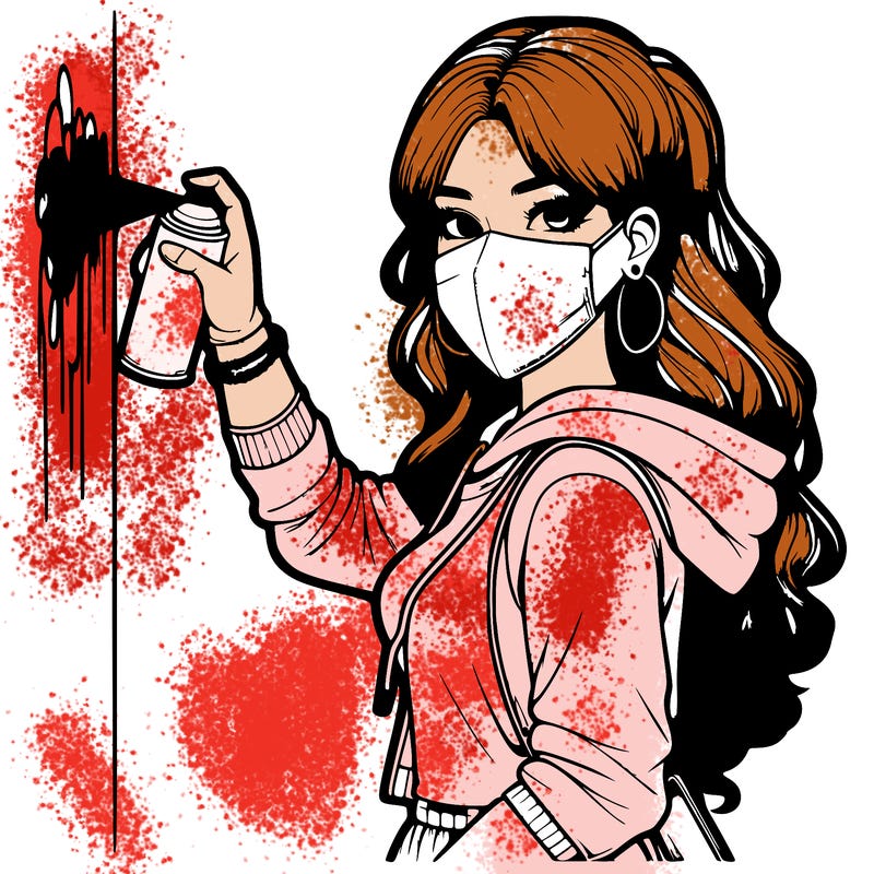 realistic girl with mask spray painting a wall