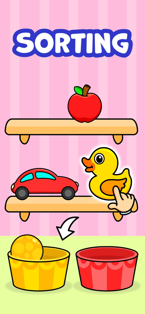 Eine Benutzeroberfläche eines Lernspiels für Vorschulkinder, die eine Sortieraktivität zeigt, bei der ein Kind bunte Spielzeuge und Obst in passende farbige Eimer legen muss.