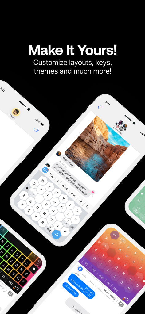 Typewise Offline Keyboard - Several iPhones displaying Typewise hexagonal keyboard with different colorful themes and layouts