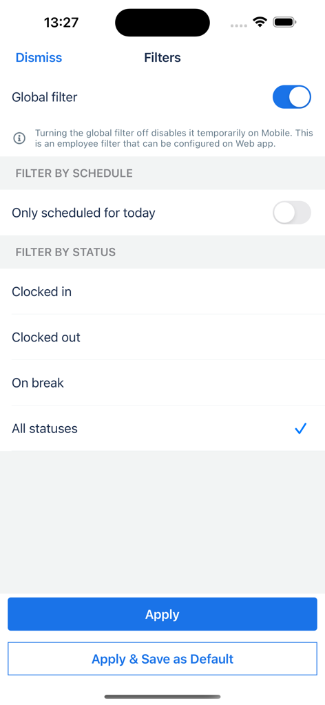 TimeClock Plus Manager - Interface of the TimeClock Plus Manager app showing filters for employee status and schedules.
