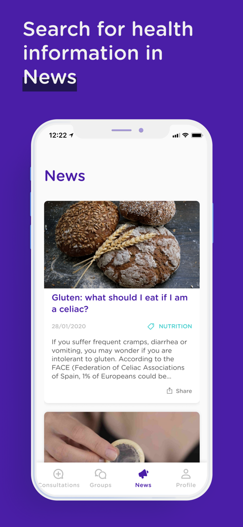 Une capture d'écran de la section actualités de l'application mediQuo affichant un article sur la nutrition et le gluten