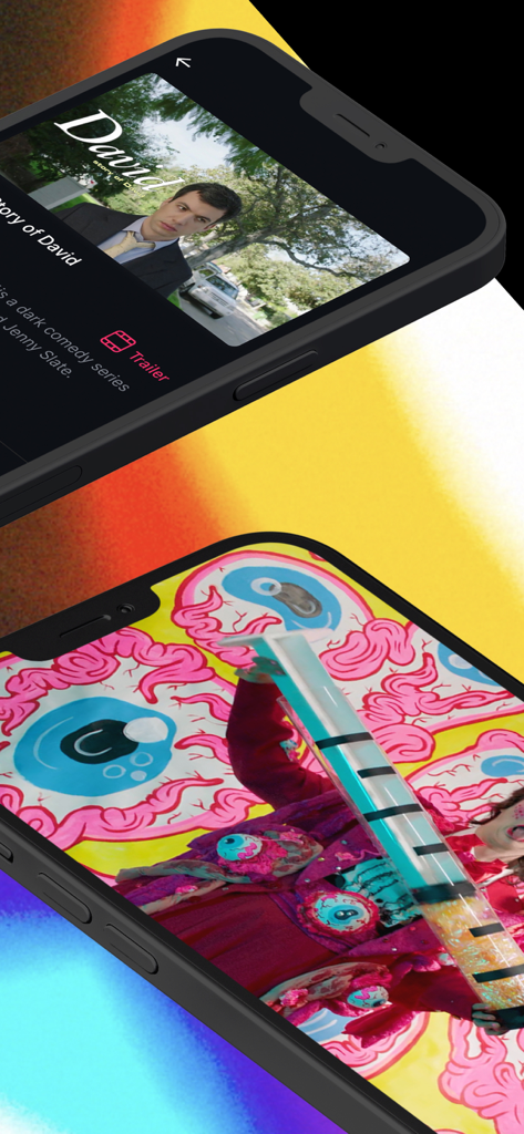 Two smartphones displaying various film titles and colorful artwork on the Means TV app interface