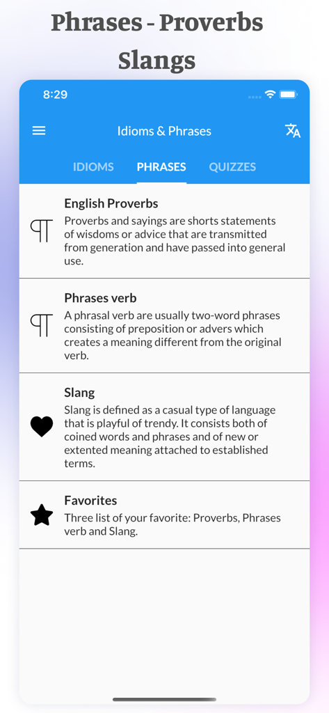 Best English Idioms & Phrases - Mobile App-Oberfläche mit Kategorien für englische Sprichwörter, Phrasal Verbs und Slang