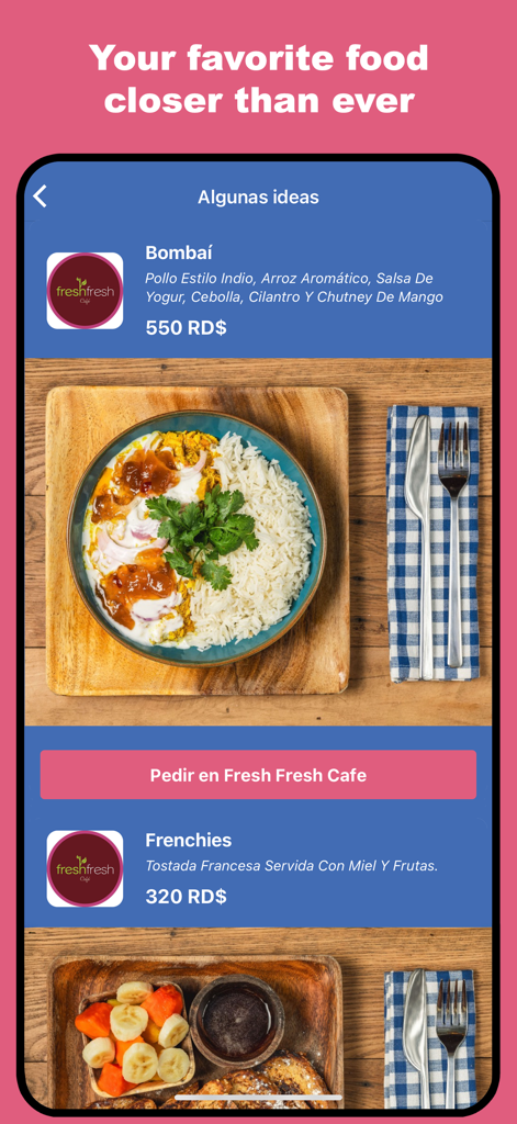 Komida ! - Komida app interface displaying meal options from local restaurants in the Dominican Republic
