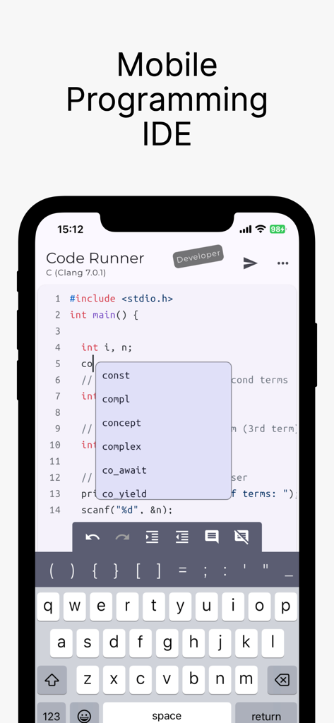 A smartphone displaying the Code Runner mobile IDE interface with C code and a code completion dropdown menu.