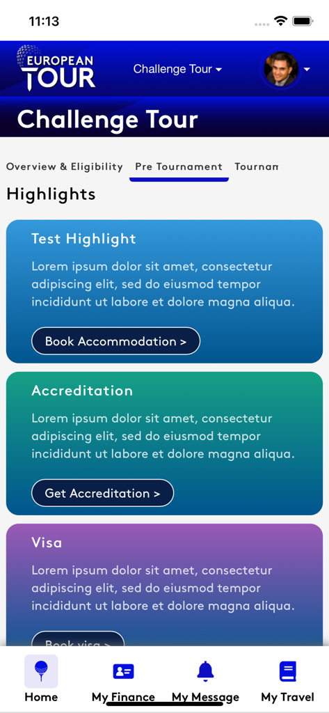 My Tour - Challenge Tour dashboard in the My Tour app showing tournament logistics for accommodation and accreditation