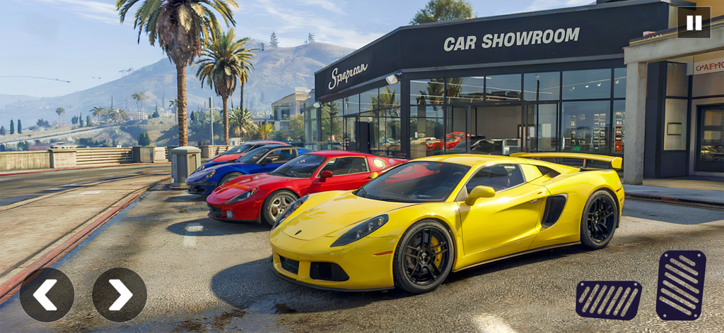 Une supercar de luxe jaune garée devant un showroom de voitures dans un environnement de ville en monde ouvert