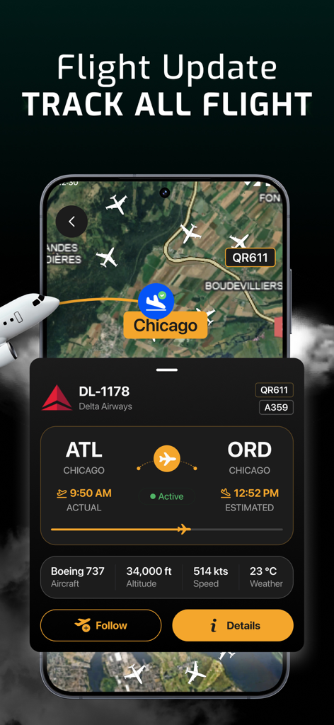 Flight Tracker | Planeradar 24 - Eine mobile App-Oberfläche, die eine Live-Flugradar-Karte und Echtzeit-Flugdetails für eine Boeing 737 von Delta Airways anzeigt