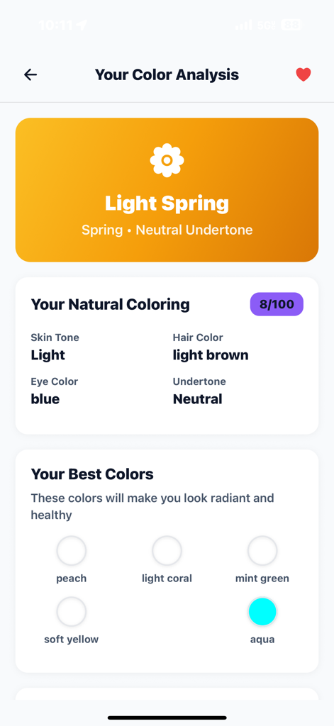 Risultati dell'analisi del colore generati dall'IA per la stagione Primavera Chiara che mostrano i colori migliori come acquamarina e pesca