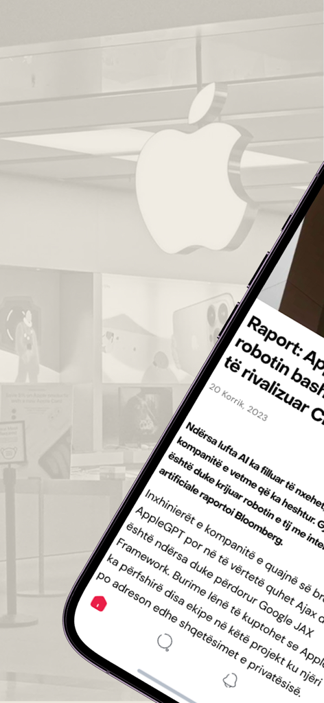 IndeksOnline - IndeksOnline mobile app displaying a news article in Albanian about Apple and AI technology