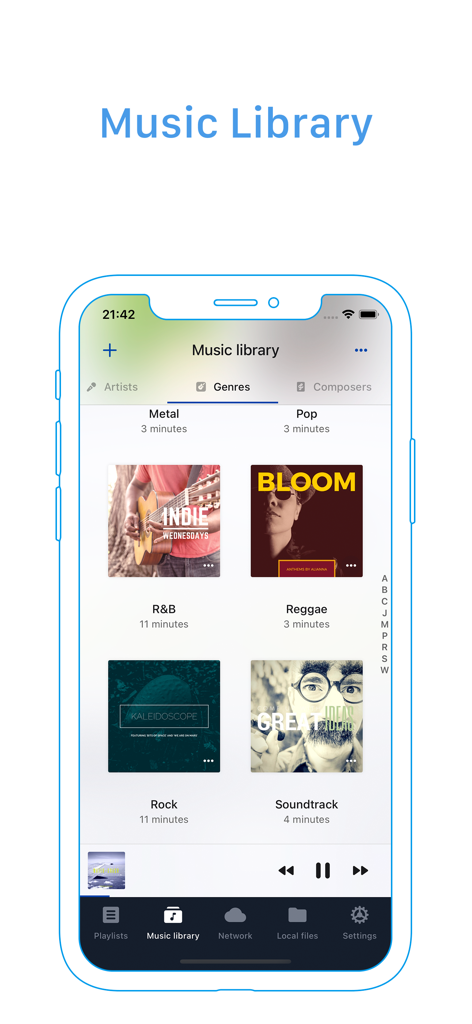 FirePlayer: player 4 MediaFire - Interface de la bibliothèque musicale FirePlayer affichant différents genres avec des pochettes d'album