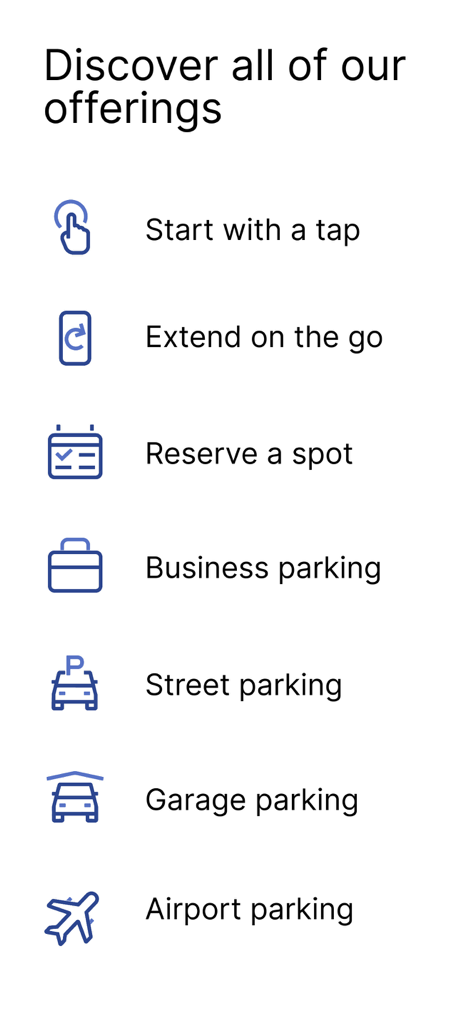 ParkColumbus - A list of parking services offered by the ParkColumbus app including street garage and airport parking options