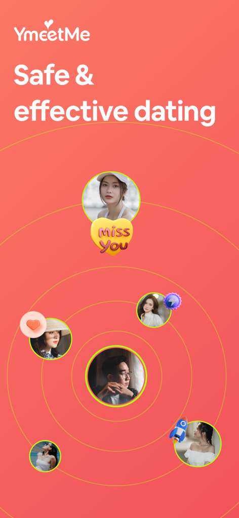 YmeetMe dating app screen showing user profiles and the text Safe and effective dating