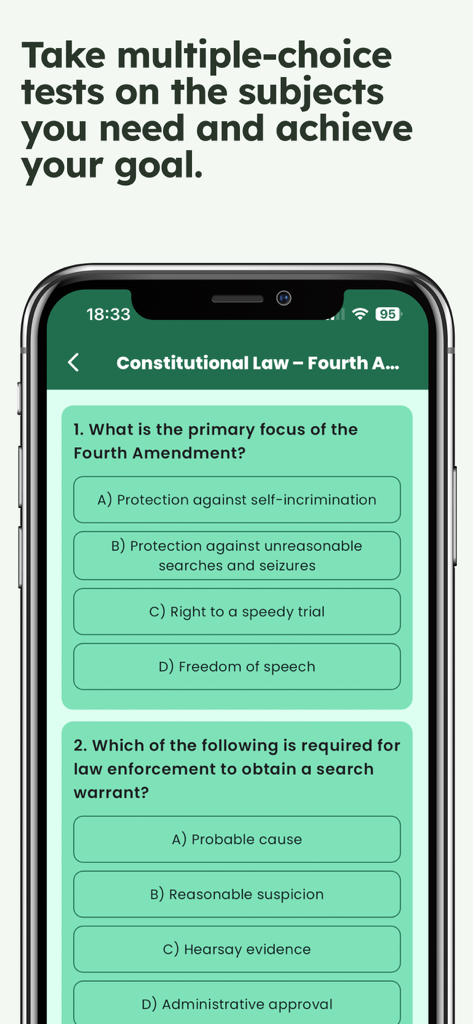 Interfaz de la aplicación Asistente Legal IA con un cuestionario de opción múltiple de Derecho Constitucional sobre la Cuarta Enmienda.