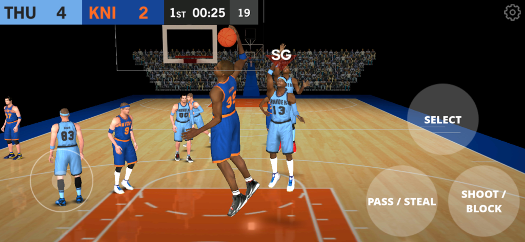 DoubleClutch Basketball gameplay showing a player performing a slam dunk with arcade-style mobile controls