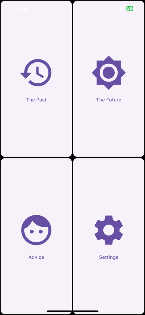 Countdown - When Will I Die? - Main menu screen of the Countdown app with icons for The Past, The Future, Advice, and Settings.