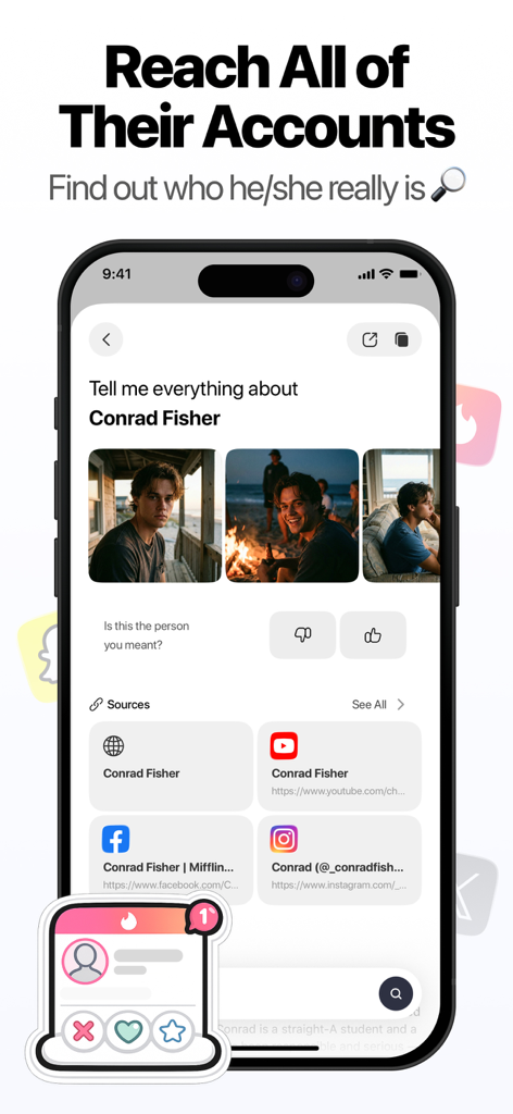 Scout: Deep Search AI - Scout AI app interface showing consolidated social media accounts and photos for a person search