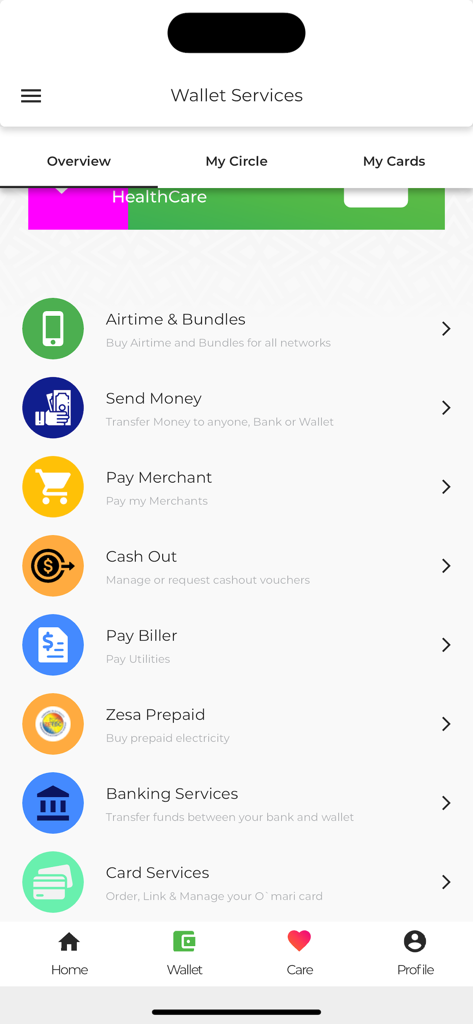 O'mari - The O'mari app wallet services screen displaying options for airtime, money transfers, and utility payments like ZESA.