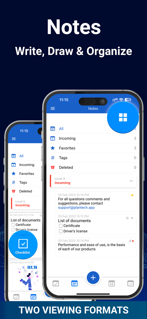 HUB: Calendar, Budget, Notes - Interface of the HUB app showing the notes feature with document checklists and organized categories