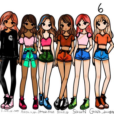 a group of girls wearing crop tops and shorts