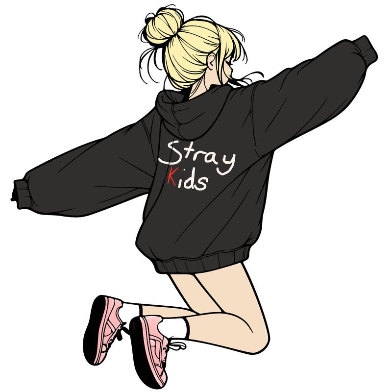 realistic girl jumping with a bun and oversized sweatshirt