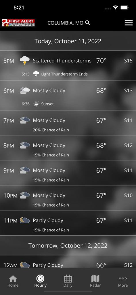 KOMU 8 Weather - Screenshot of the KOMU 8 Weather app showing the hourly weather forecast for Columbia Missouri including temperatures and sky conditions.