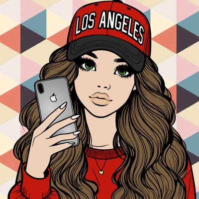 realistic beautiful girl wearing los ángeles cap holding an iphone