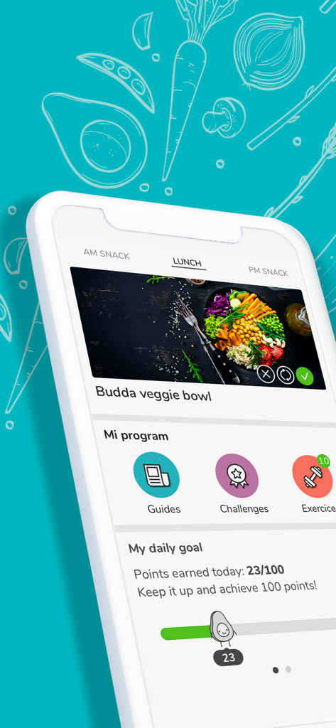 Nootric mobile app screen showing a healthy meal plan and daily progress goals.