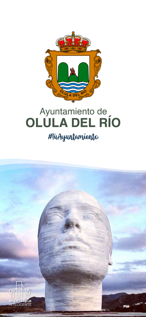 Pantalla de inicio de la aplicación Olula del Rio con el escudo municipal y una escultura de una gran cabeza de mármol blanco.