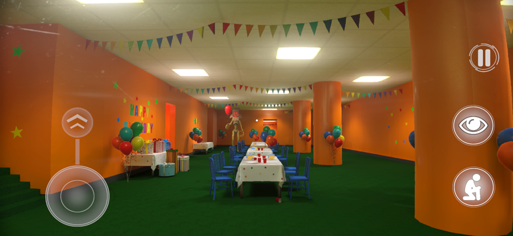 Backrooms: Level Fun - 알록달록한 풍선과 멀리 보이는 괴물이 있는 Backrooms Level Fun의 음산한 파티 방의 1인칭 시점.